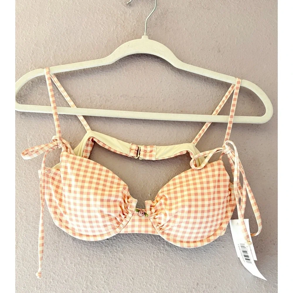 Dippin Daisys Pink Gingham Underwire Bikini Top Large NWT Tie Shoulder Retro